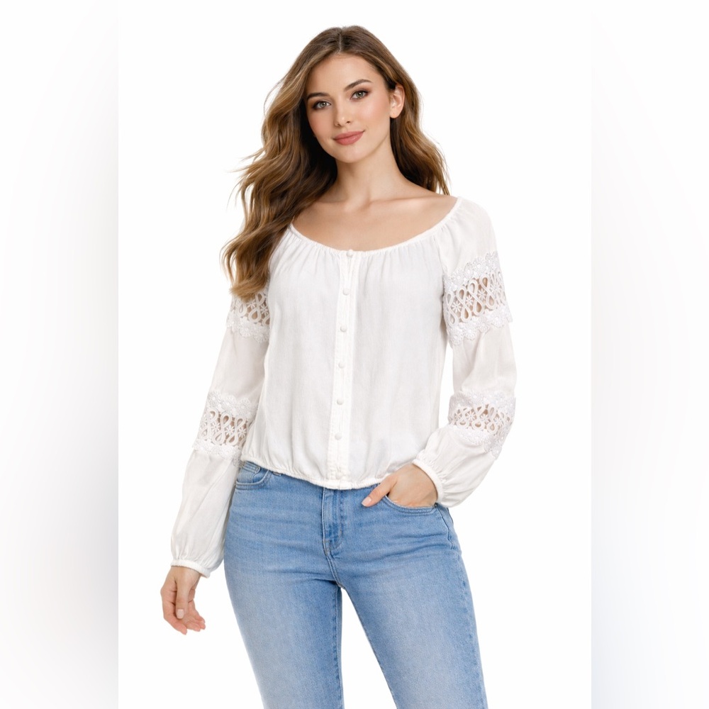 Guess White Boho Lace Eyelet Peasant Blouse Button Front Women’s Size M